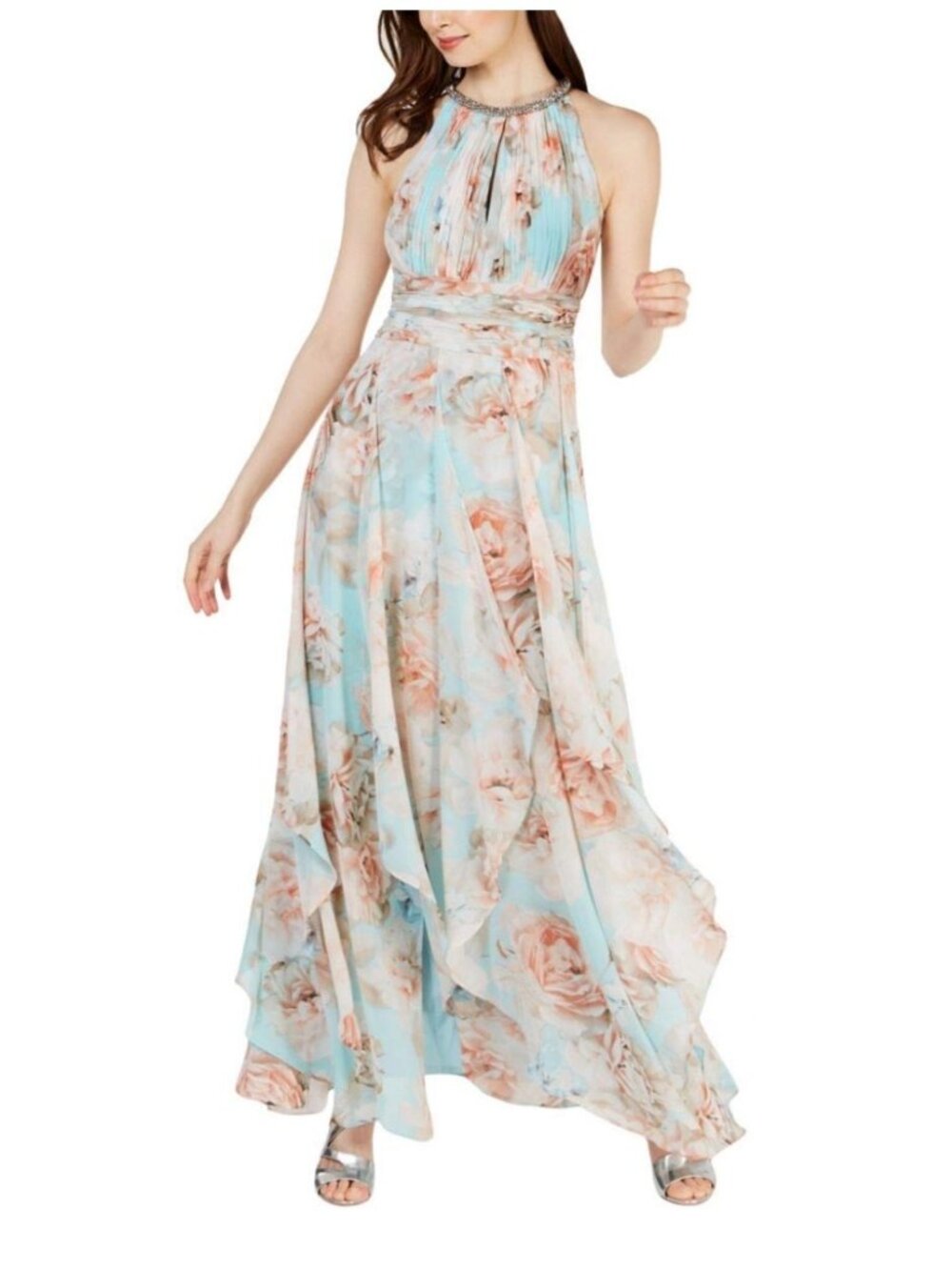 Calvin Klein Floral Halter Maxi Dress NWT Size 16 Split Neck Tropical Resort